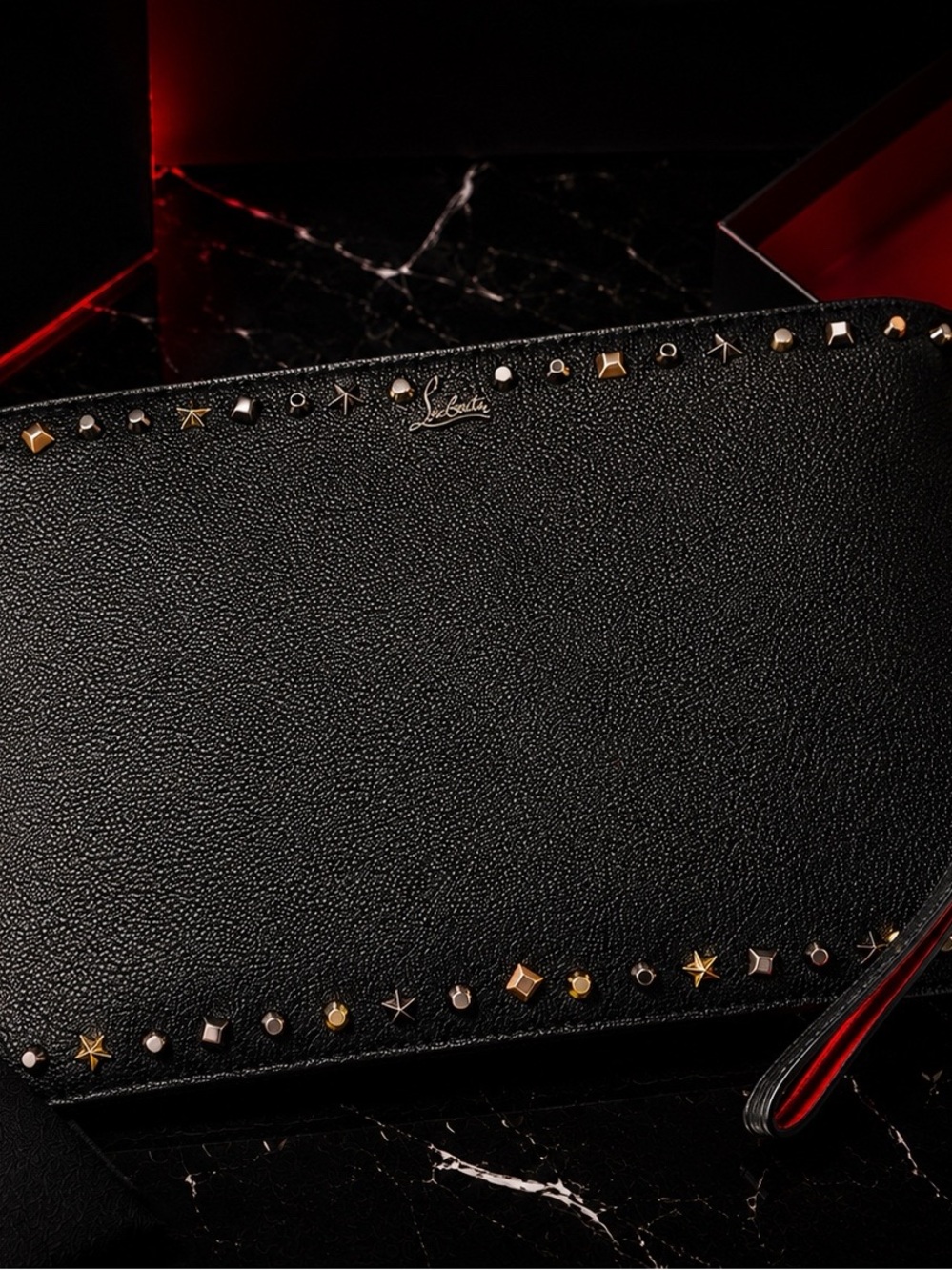 Christian Louboutin Black Studded Leather Wristlet Clutch Chain Pouch Black Red - Picture 8 of 9